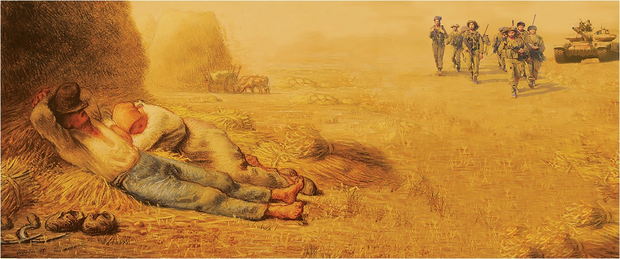 Peasants sleeping in the field with army in the background