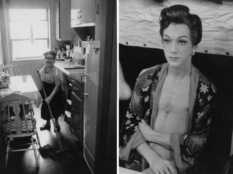 Diane Arbus, Miss Makrina, a Russian midget, in her kitchen, N.Y.C. Seated female impersonator in an open kimono, Hempstead, L.I.© The Estate of Diane Arbus