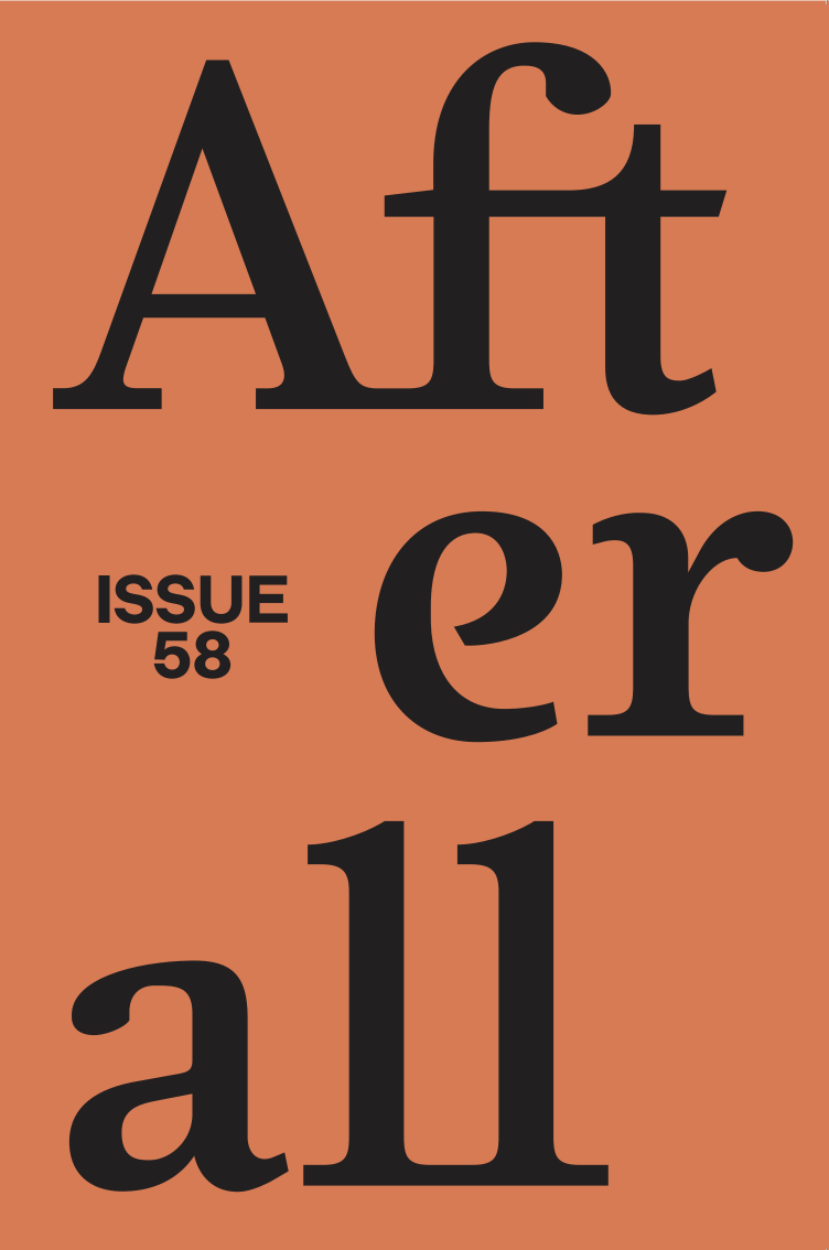 "Afterall issue 58" bold black text on salmon orange monochrome background
