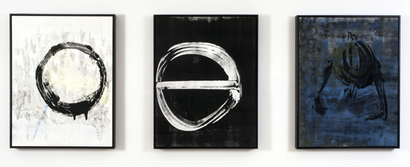 Mary Simpson, Please look behind you (1-3), 2011. Installation view, oil on paper mounted on panel, 22 ½ x 28” each